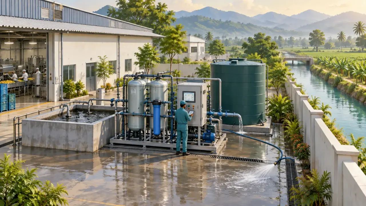 Illustration of the same factory with a compact treatment skid and clear treated water reused in the yard.