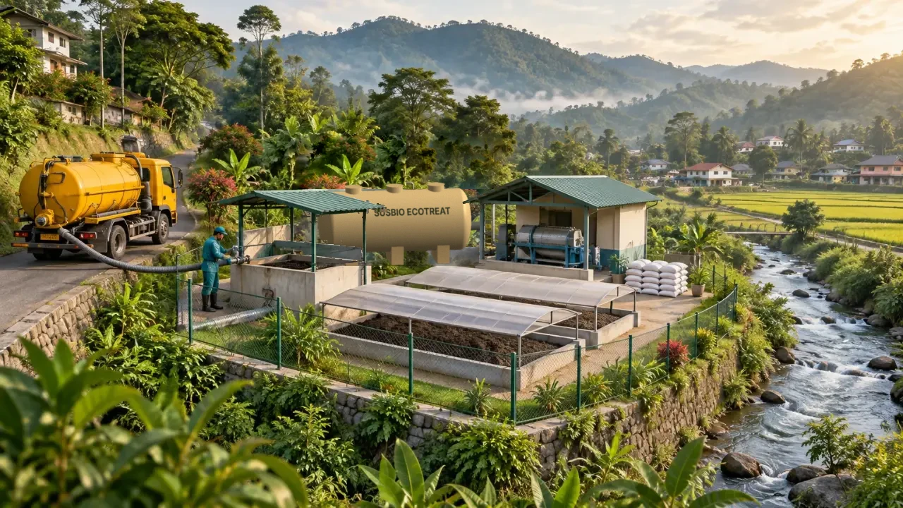 Illustration of the same tanker connected to a compact sludge treatment plant with a SUSBIO EcoTreat tank, drying beds and a clean stream.