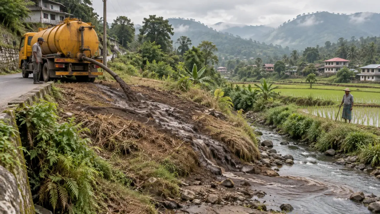 Illustration of a desludging tanker emptying sludge onto open land that drains into a stream.