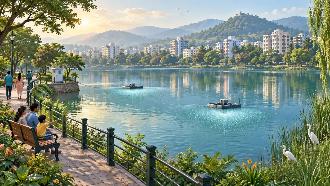 Illustration of a restored city lake with two floating nanobubble units, a thin cable to a small kiosk on the shore, egrets in the reeds and people on the lakeside path.