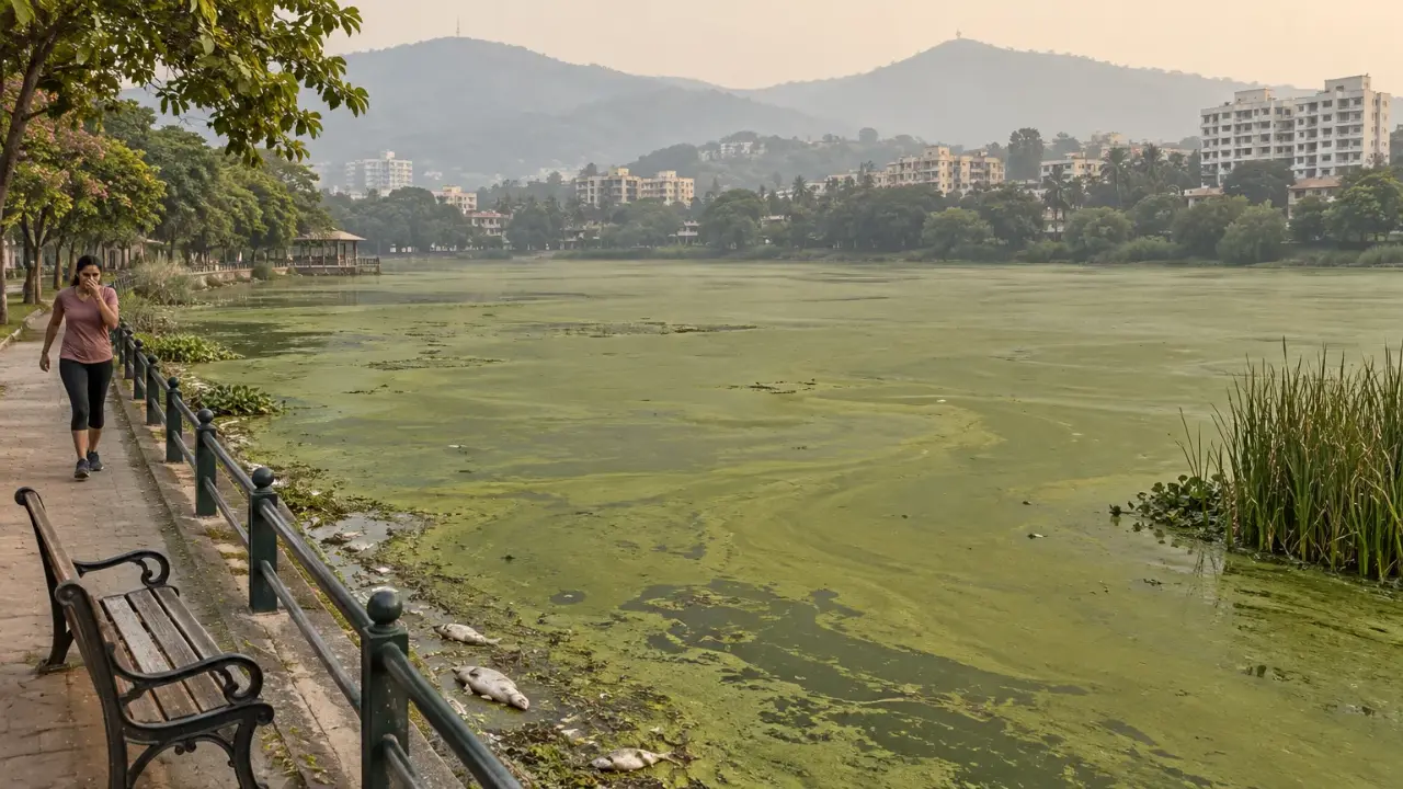 Illustration of a city lake covered in algae, with dead fish at the edge and a jogger covering her nose.
