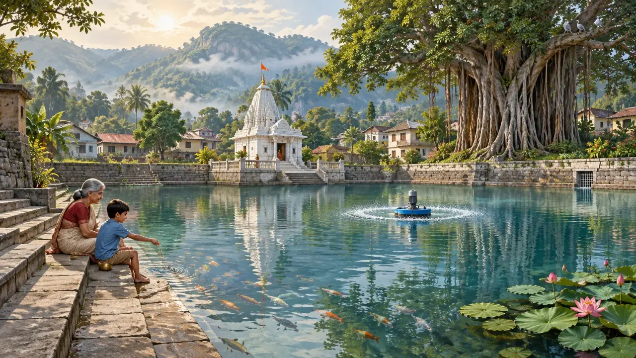 Illustration of the same temple tank restored: clear water, a small floating aerator, lotus and people on the steps.