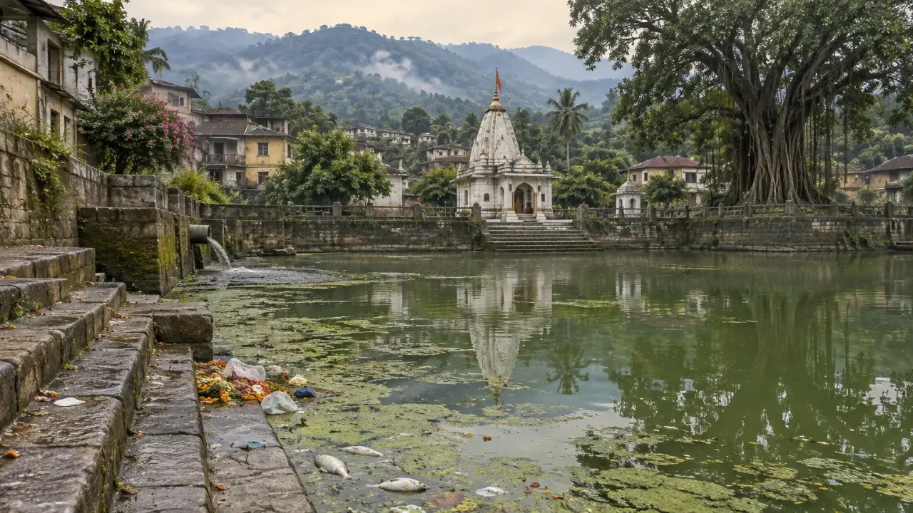 Illustration of a temple tank with green, algae-covered water, a drain emptying into it and litter at the steps.
