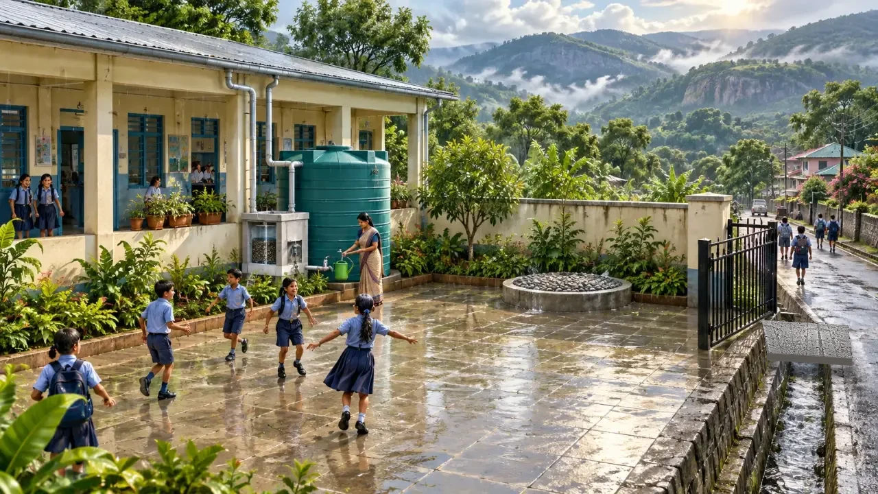 Illustration of the same school with downpipes into a filter, a storage tank and a covered recharge pit.