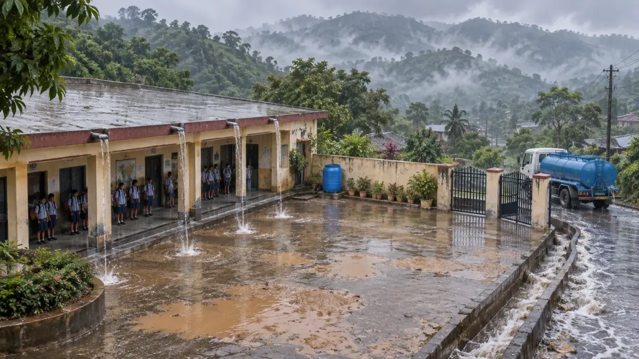 Illustration of a school in the monsoon, roof water splashing into a waterlogged courtyard and out to the street drain.