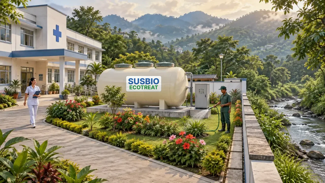 Illustration of the same hospital with a packaged treatment tank on a lawn and a gardener watering with treated water.