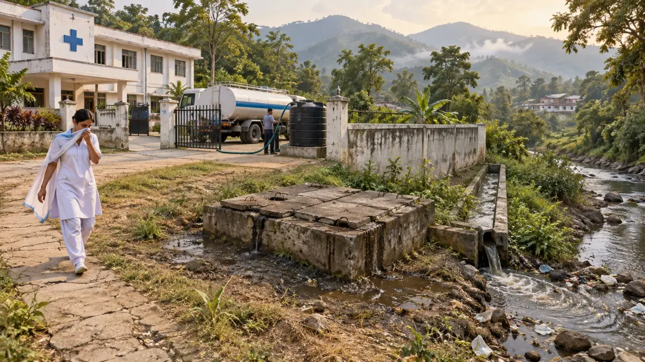 Illustration of a hospital where an old septic tank seeps into an open drain and a tanker delivers water.