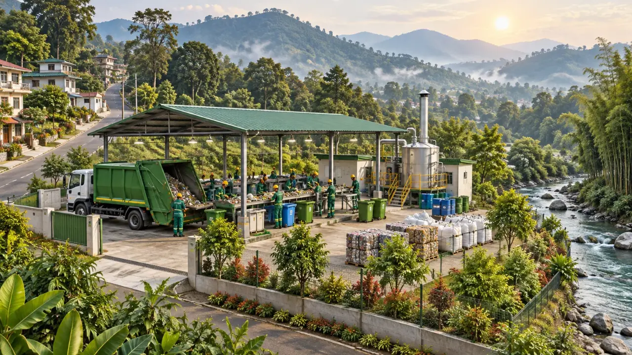Illustration of the same plot with a tidy processing shed, workers sorting waste and a clean river.
