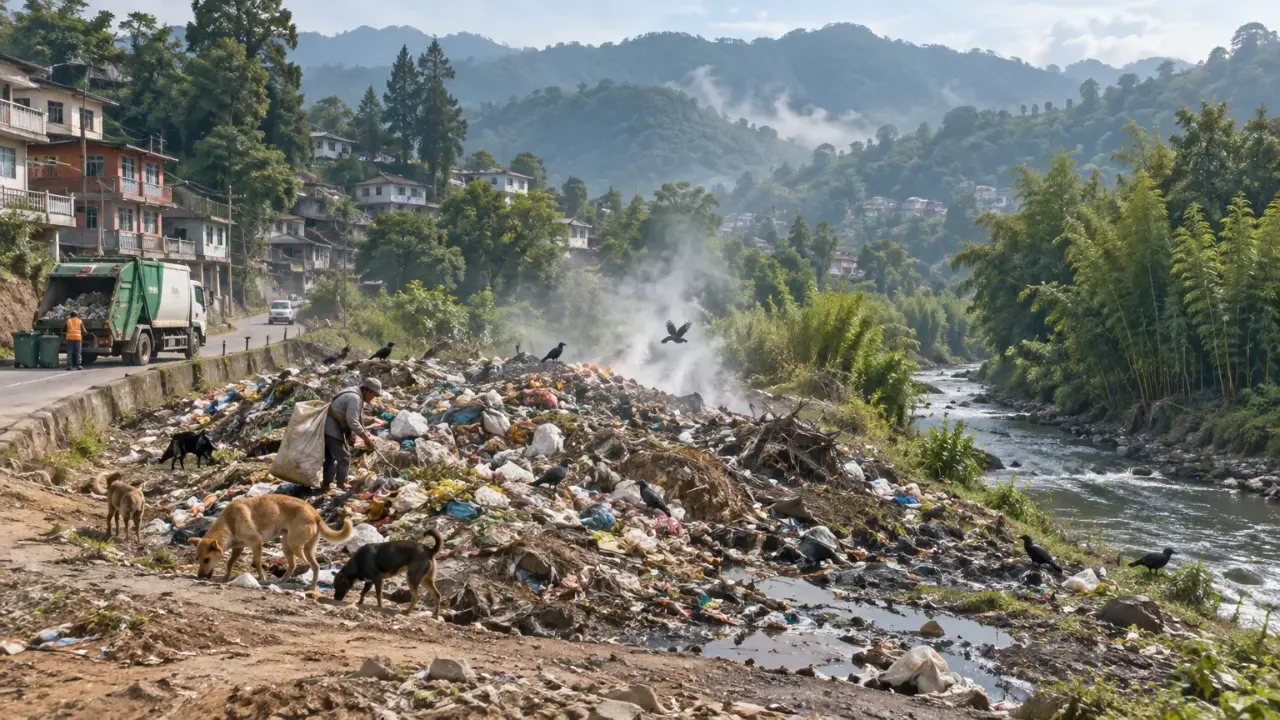 Illustration of an open dump at the edge of a hill town, smoke rising and runoff seeping toward a river.