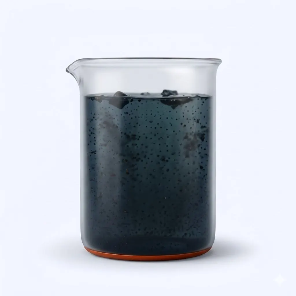 A beaker of dark, murky raw wastewater.