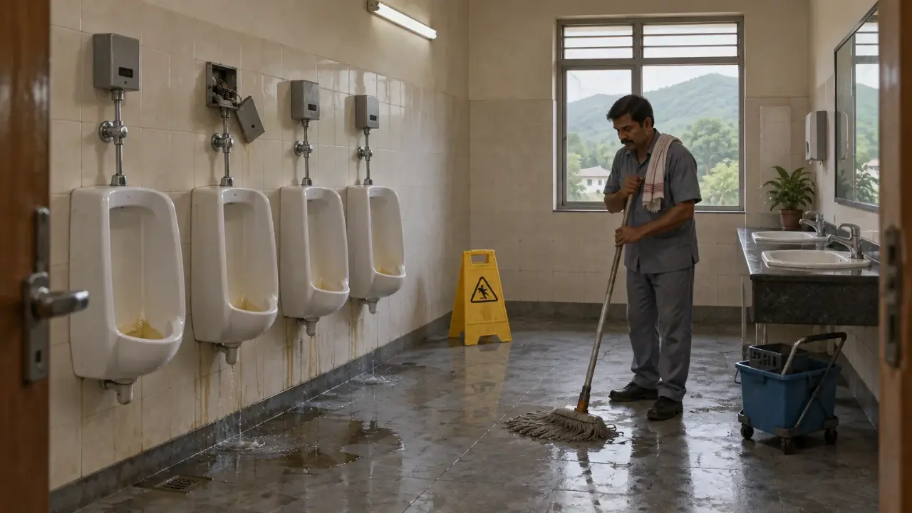 Illustration of an office washroom with leaking flush valves, a loose sensor box, puddles and a wet-floor sign.