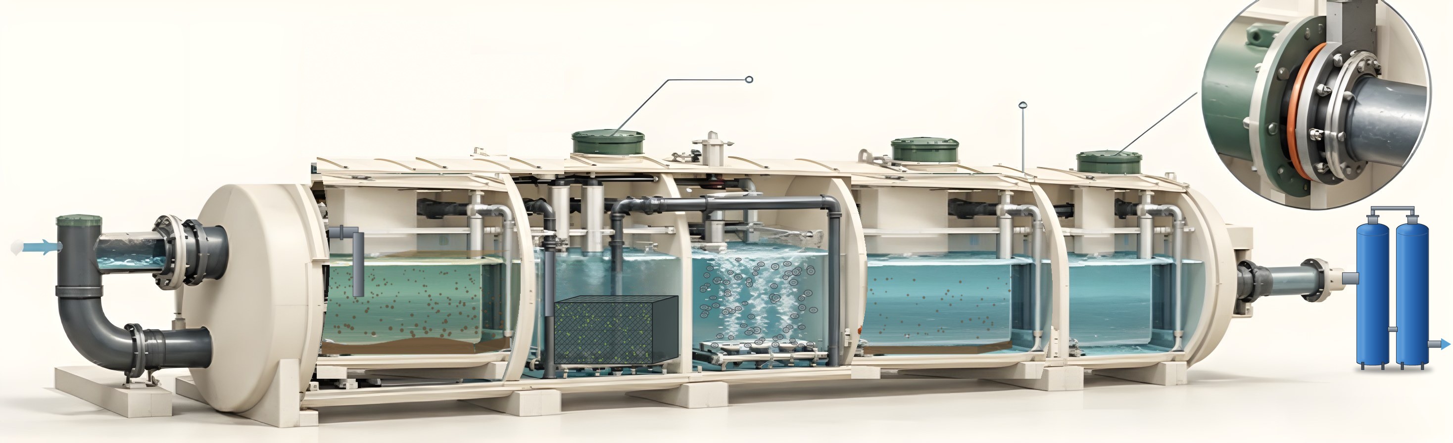 Illustrated cutaway of an EcoTreat tank with three access lids: sedimentation, anaerobic media, aeration and second sedimentation chambers, a chlorine box, then two blue pressure filters.