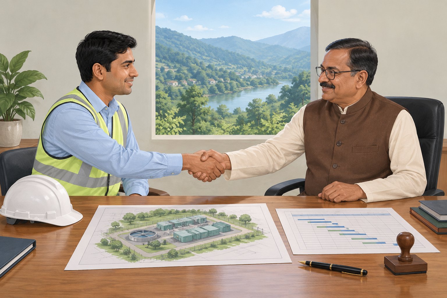 Illustration: an engineer and a government official shake hands across a desk with the site plan and the schedule.