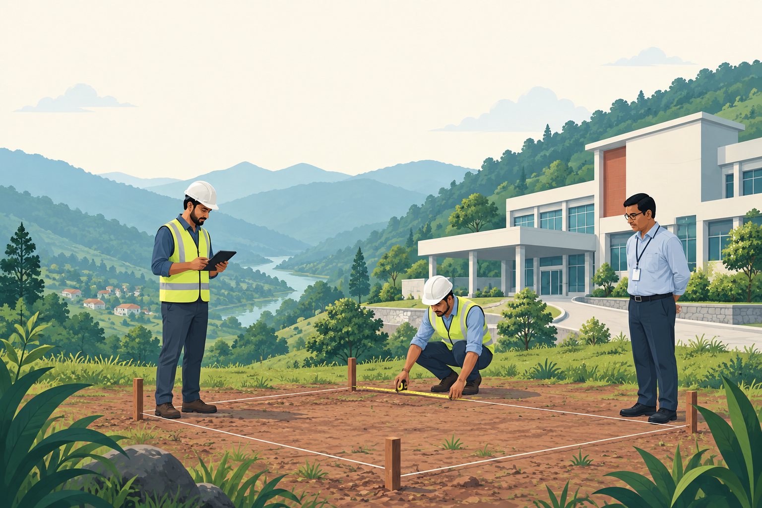 Illustration: an engineer and a client walking a site with a plan, marking where the system will go.