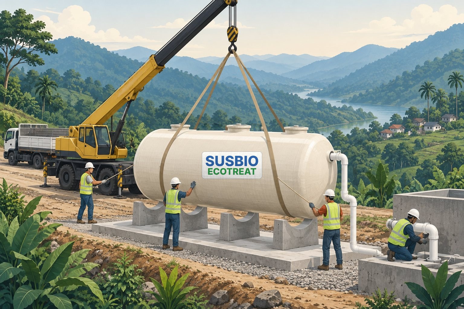 Illustration: the factory-built SUSBIO EcoTreat tank, with its three access lids, lowered into place and connected by the team.