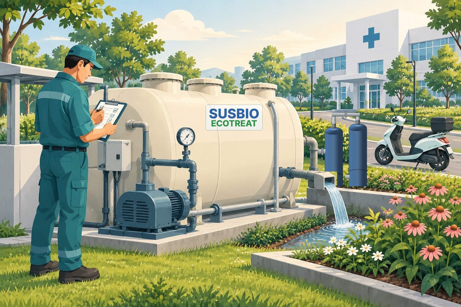 Illustration: a technician checking the SUSBIO EcoTreat plant, where treated water passes through two blue pressure filters before it is reused.