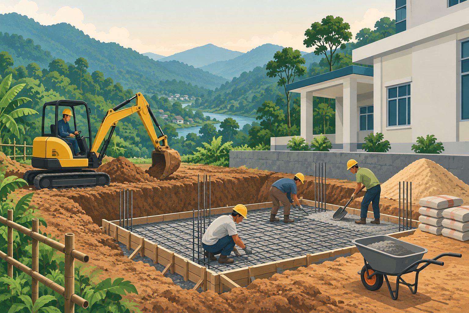 Illustration: local workers preparing the site for the plant.