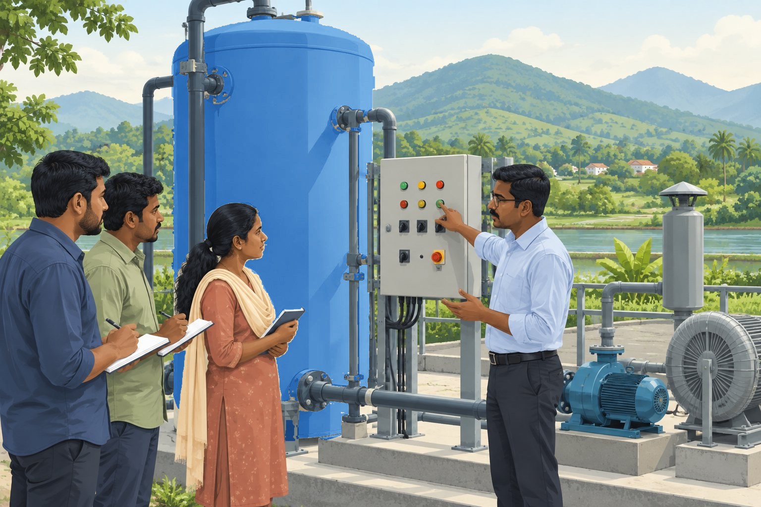 Illustration: a trainer showing local technicians the control panel, beside a blue pressure filter.