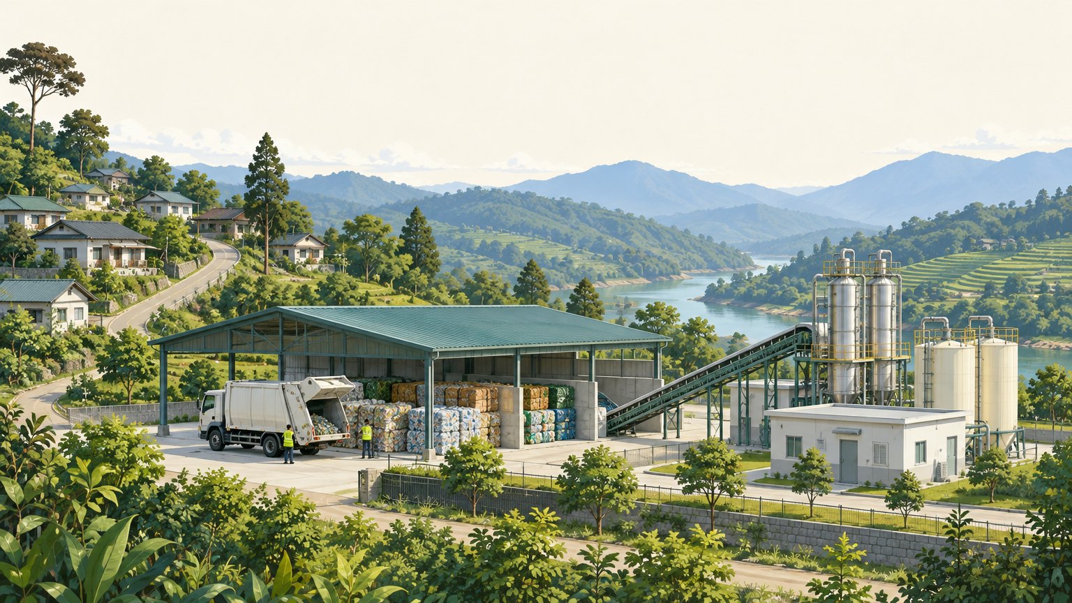 Illustration of a waste processing plant at the edge of a hill town: a covered sorting shed with baled material, a collection truck unloading, a conveyor and processing towers, with the river and hills behind.
