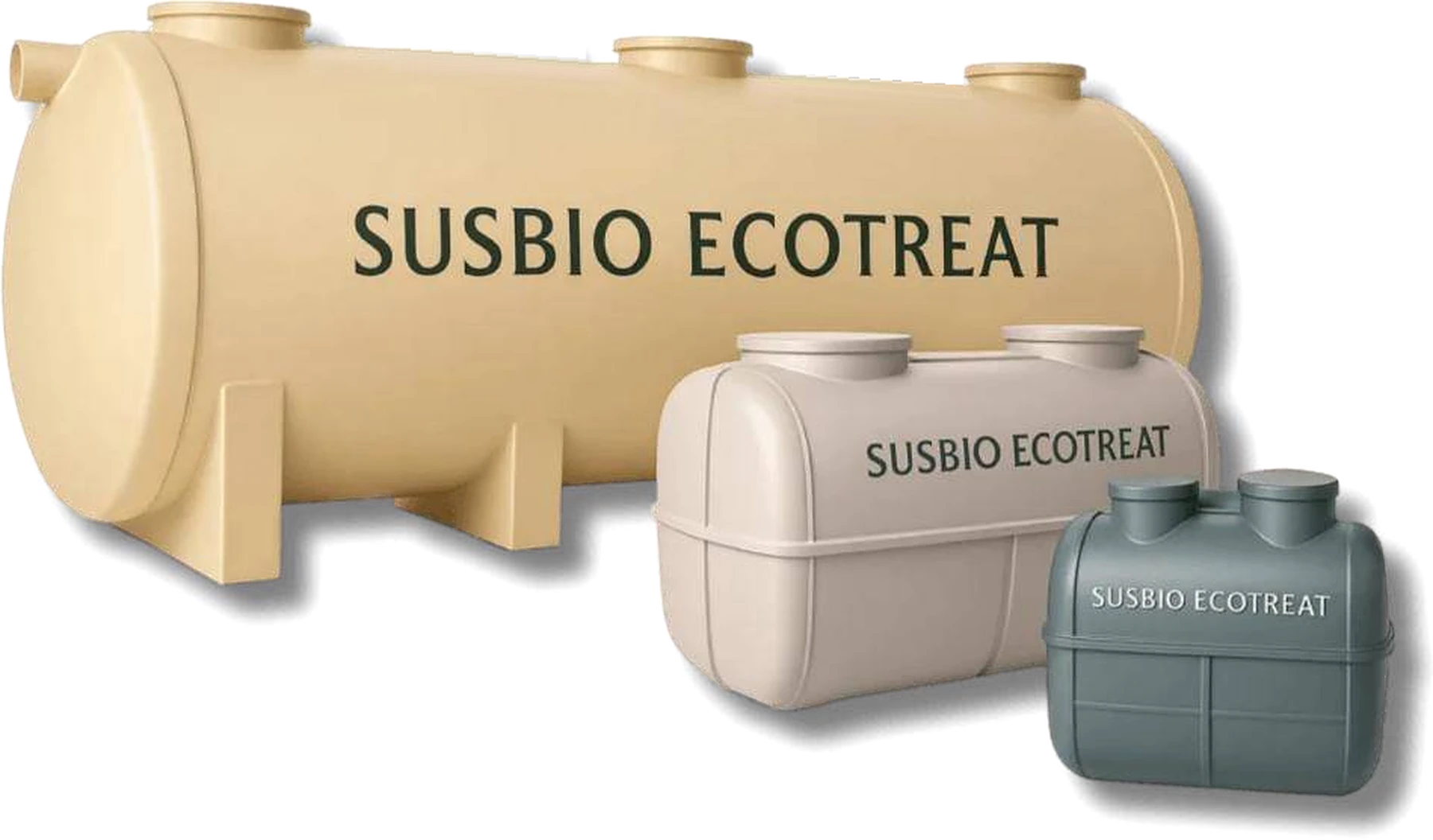 SUSBIO EcoTreat packaged sewage treatment plants in three sizes, each marked SUSBIO EcoTreat.