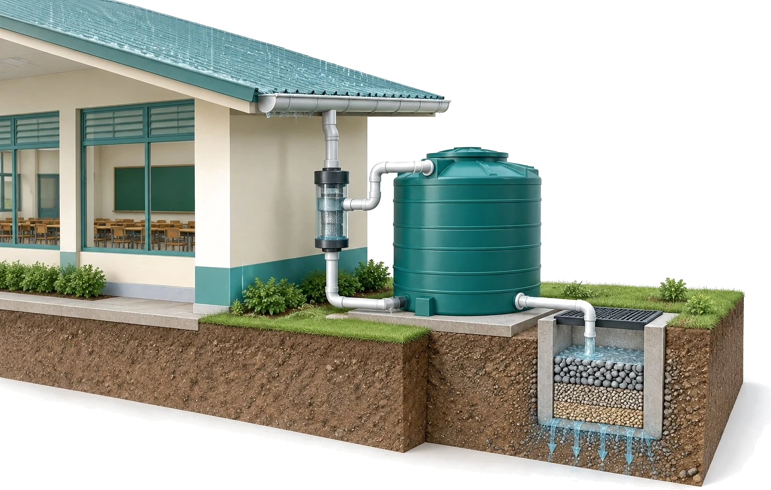 3D concept section of a school roof draining into a storage tank, with a filter and a recharge pit in the ground.
