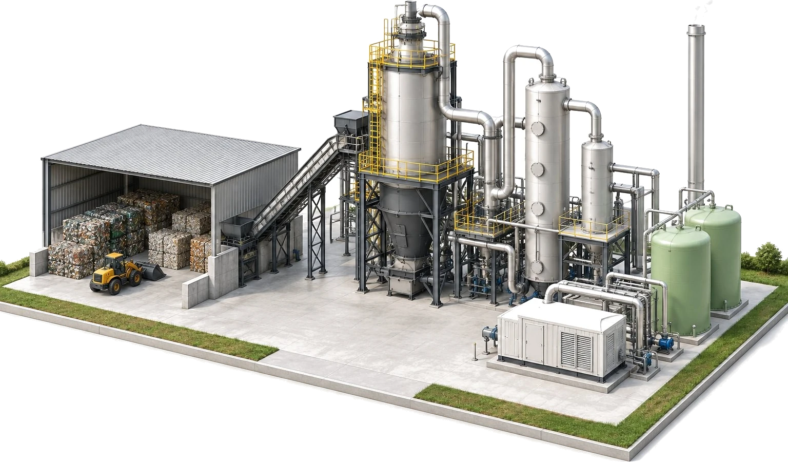 3D concept model of a waste processing plant: a covered sorting shed, a conveyor and processing towers with storage tanks.