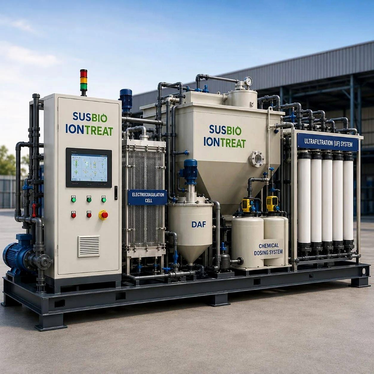 SUSBIO IonTreat skid-mounted electrochemical effluent treatment plant, with its control panel, electrocoagulation cell, DAF unit and ultrafiltration modules.