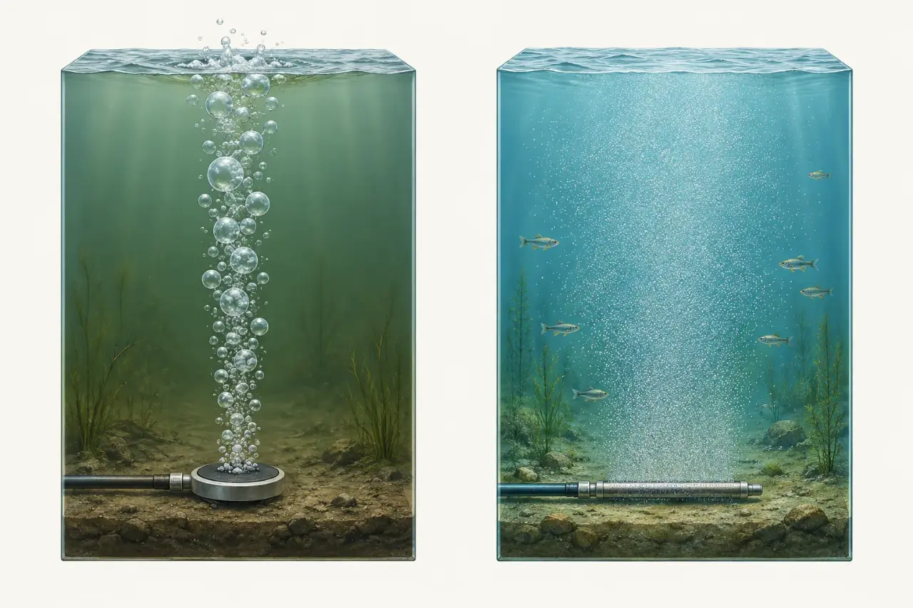 Cutaway of two water columns. Left: a disc diffuser releases large bubbles that rise in a narrow plume and burst at the surface; the water is green and dull. Right: a slim nanobubble outlet releases a fine haze that spreads through the whole column; the water is clear with fish.