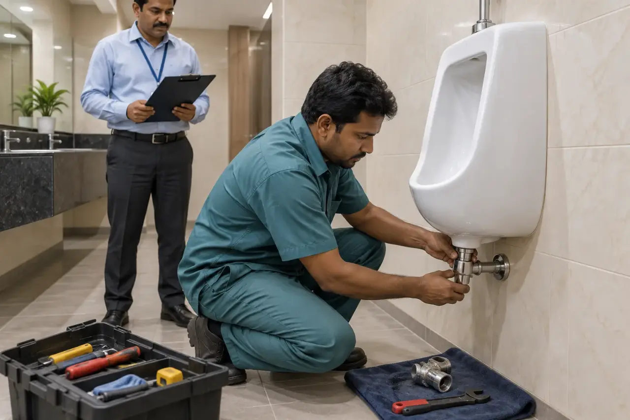 Illustration of a technician fitting a small steel valve into an existing urinal while a facility manager watches.
