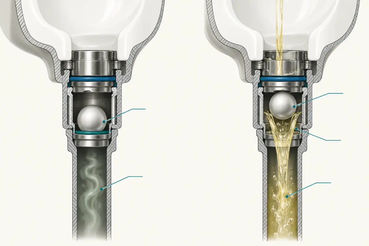 Cutaway of a urinal outlet with a one-way ball valve: closed at rest with drain gas held below, lifted when liquid flows through.