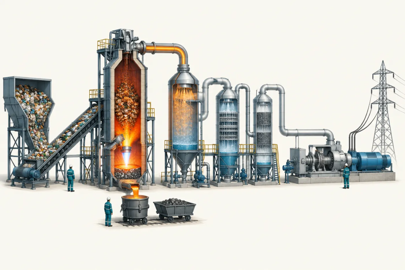 Cutaway of a plasma gasification line: a waste hopper and conveyor, a tall gasifier with a glowing plasma torch, slag and molten metal tapped into carts, a gas clean-up tower, three scrubbers, a steam turbine and generator, and a power pylon.