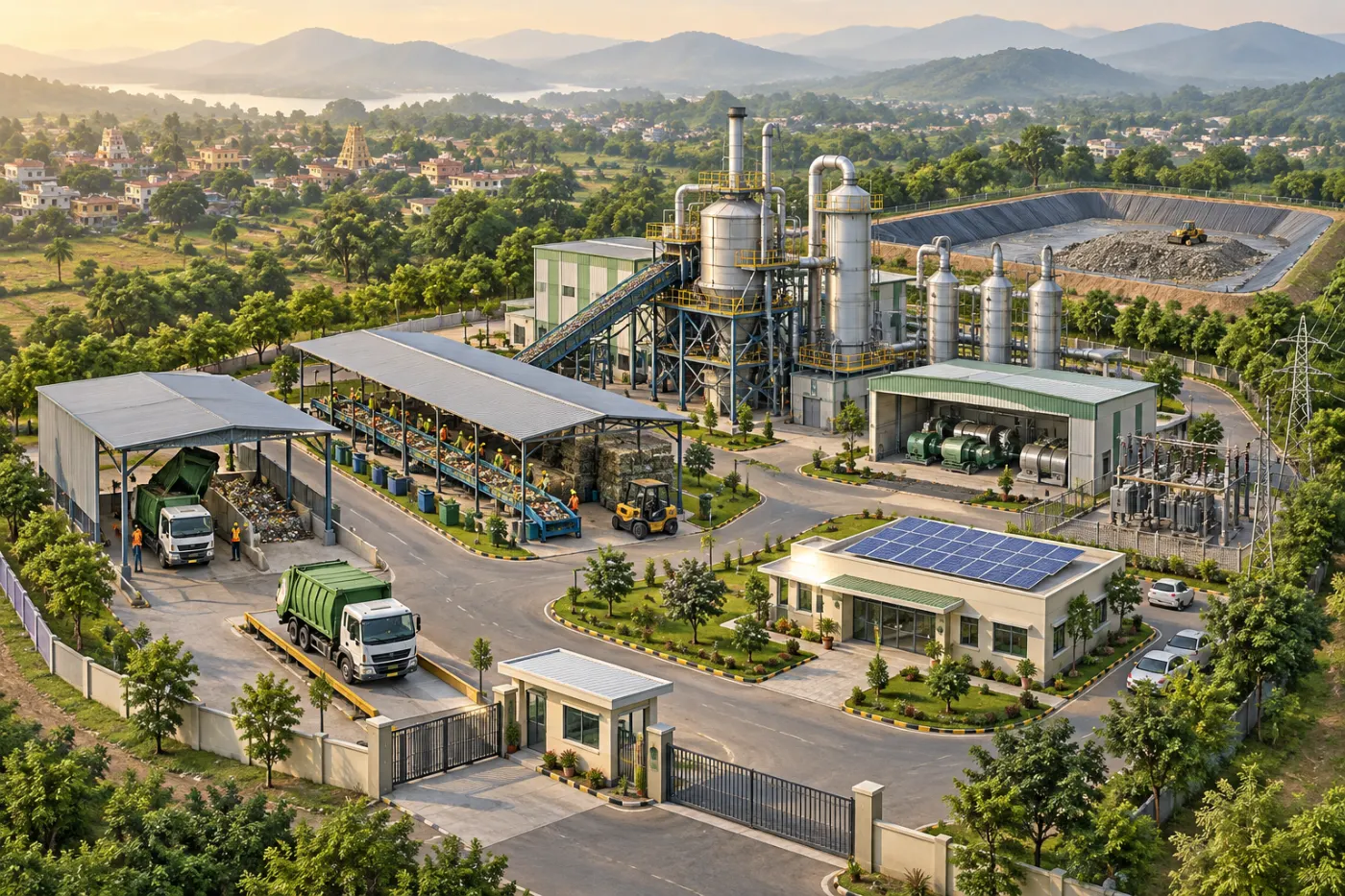 Aerial illustration of a waste gasification plant site: gate and weighbridge, covered transport bay with trucks, a sorting and shredding shed with workers, the gasifier building and towers, scrubbers, an energy house, a substation, a control room with solar panels and a lined landfill cell.