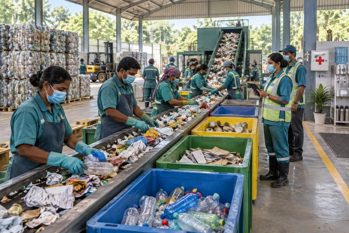 Illustration of former rag pickers working as paid staff in uniforms, gloves and masks at a sorting conveyor in a clean, covered shed.